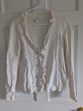 96.🤍 LOFT Frill Button-Down Sweater, cardigan — Off White (Size S) 🤍